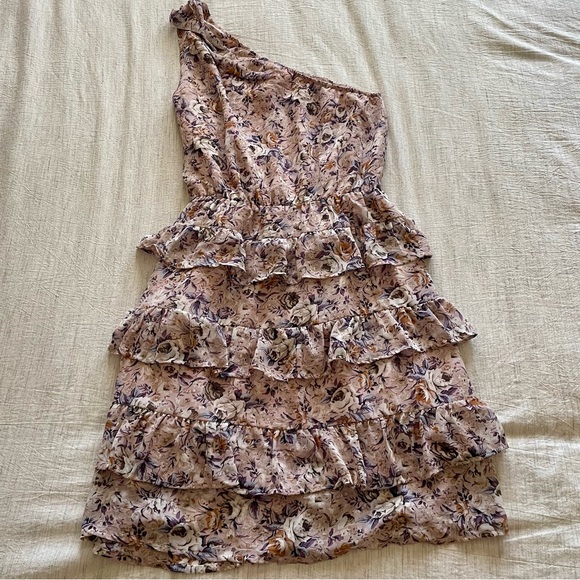 BTFBM One Shoulder Casual Floral Boho High Ruffle Tiered A Line Flowy Mini Dress - Picture 6 of 9